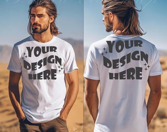 Mockup de camiseta branca Bella Canvas 3001: vista frontal e traseira (download digital)