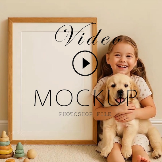 Child and Dog Video Frame Mockup: Emotional Art Display (PSD & MP4 File)