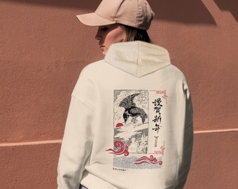 Japanischer Vorder- und Rückseite Print Hoodie, Frohes Neues Jahr auf Japanisch, Wasser in der japanischen Kultur, Crow Hoodie, König mit Kapuze Sweatshirt