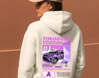 横浜JDMパーカー - 日本車のストリートウェア、フロントとバックプリントパーカー、東京ドリフトの美学、アニメスタイルの日本のパーカー