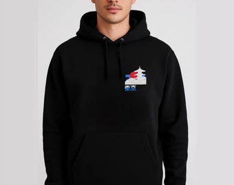 Embroidered Tokyo Pagoda Hoodie – Japanese Sunset, Minimalist Graphic Sweatshirt
