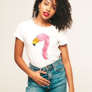 Geometrisches Pink Flamingo T-Shirt: Frauen-Grafik-Baumwoll-T-Shirt