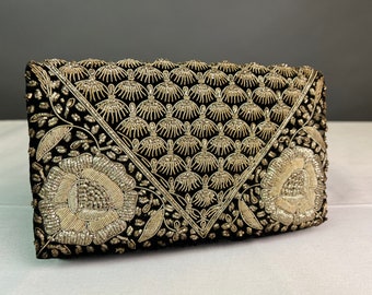 Vintage Black Velvet Gold-Beaded Clutch