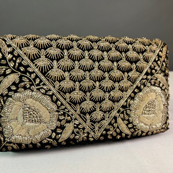 Vintage Black Velvet Gold-Beaded Clutch