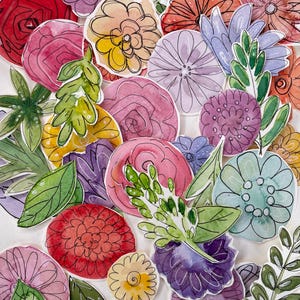 May include: A collection of watercolor-style paper cutouts featuring various flowers and leaves in shades of red, pink, purple, yellow, blue, and green. Each element is outlined with black ink, showcasing diverse floral shapes and foliage.