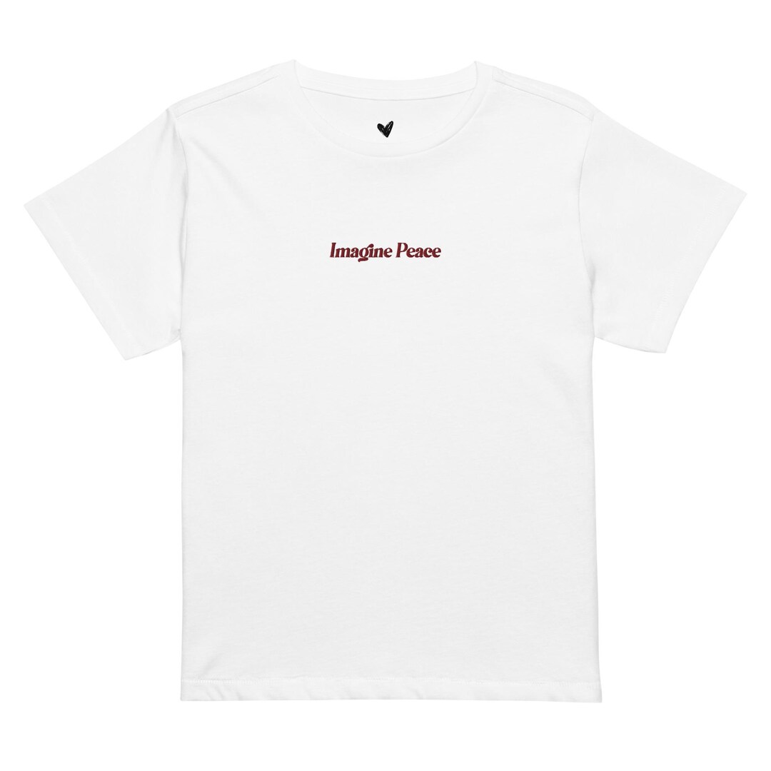 Imagine Peace Embroidered White Crew Neck Tee, 100% Cotton