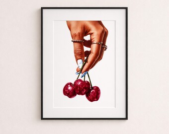 Stampa alla moda con ciliegie lucide, decorazione murale per manicure editoriale, poster fotografico audace