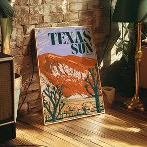Texas Sun Desert Kunst Illustration Poster Druck, druckbares Poster, mutig & bunt Western Landschaft Wandkunst, maximalistisches Wüsten Poster