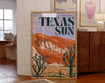 Texas Sun Desert Art Illustration Poster Print, Bold & Colourful Western Landscape Wall Art, Maximalist Desert Poster, Bright Modern Print