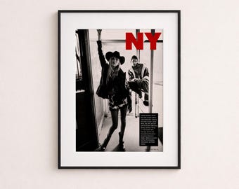 Stampa di moda da cowgirl newyorkese, poster editoriale anni '90, arte murale western in bianco e nero, stampa in stile rivista vintage