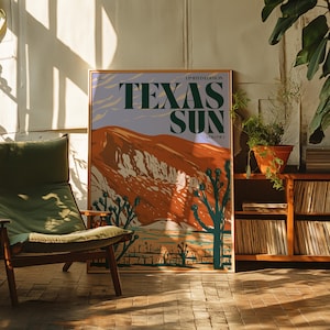 Texas Sun Desert Kunst Illustration Poster Druck, mutig und bunt Western Landschaft Wandkunst, maximalistisches Wüsten Poster, heller moderner Druck