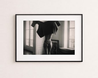 パリのアパートメントファッションプリント、白黒エディトリアルブドワールポスター、フィルム写真ウォールアート