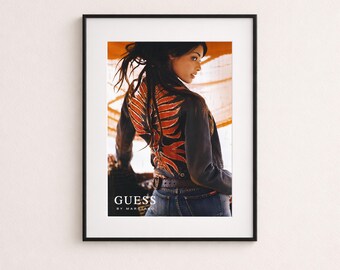 Stampa editoriale della giacca di jeans western Guess anni '90, poster street style arancione fluorescente