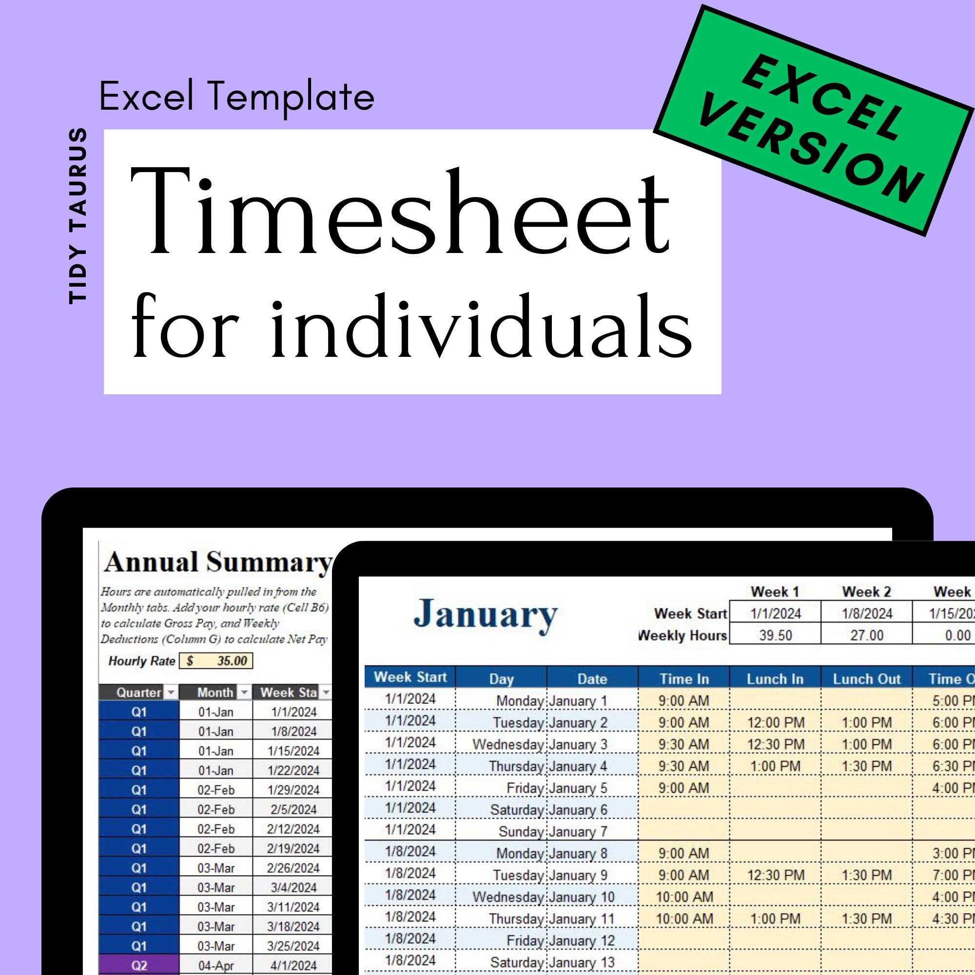 Timesheet Template 2024 for Excel Hours Tracker Freelancer, Contractor ...