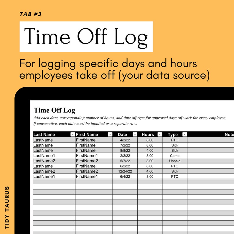 Time off Tracker 2024 for EXCEL PTO, Vacation, Comp Time, Sick Time for