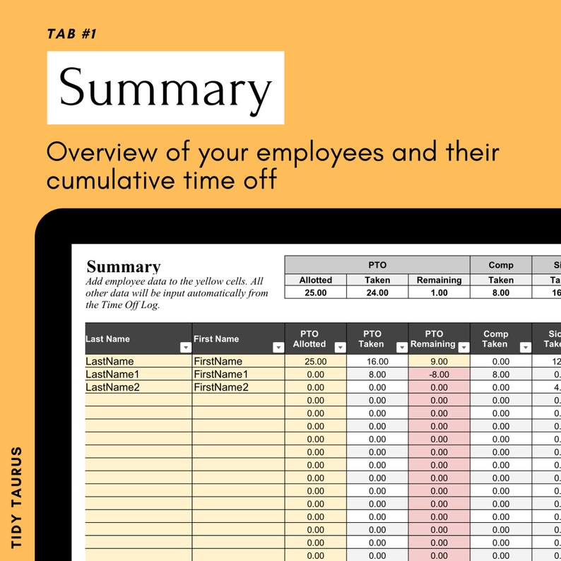 Time off Tracker 2024 for EXCEL PTO, Vacation, Comp Time, Sick Time for