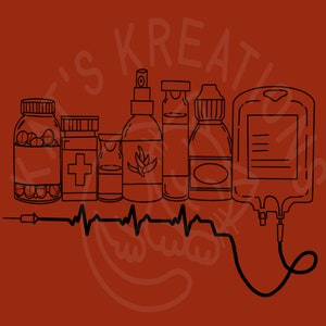 May include: Black and white line drawing of various medical supplies, including bottles of pills, a spray bottle, a vial, a dropper bottle, and an IV bag. A black and white heartbeat line is below the supplies, with a needle connected to the IV bag.