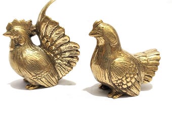 Figura de gallo y gallina en miniatura de latón / Figura de gallo en miniatura de latón de 3'' de alto / Decoración vintage para el hogar / Ideas para regalos de Navidad