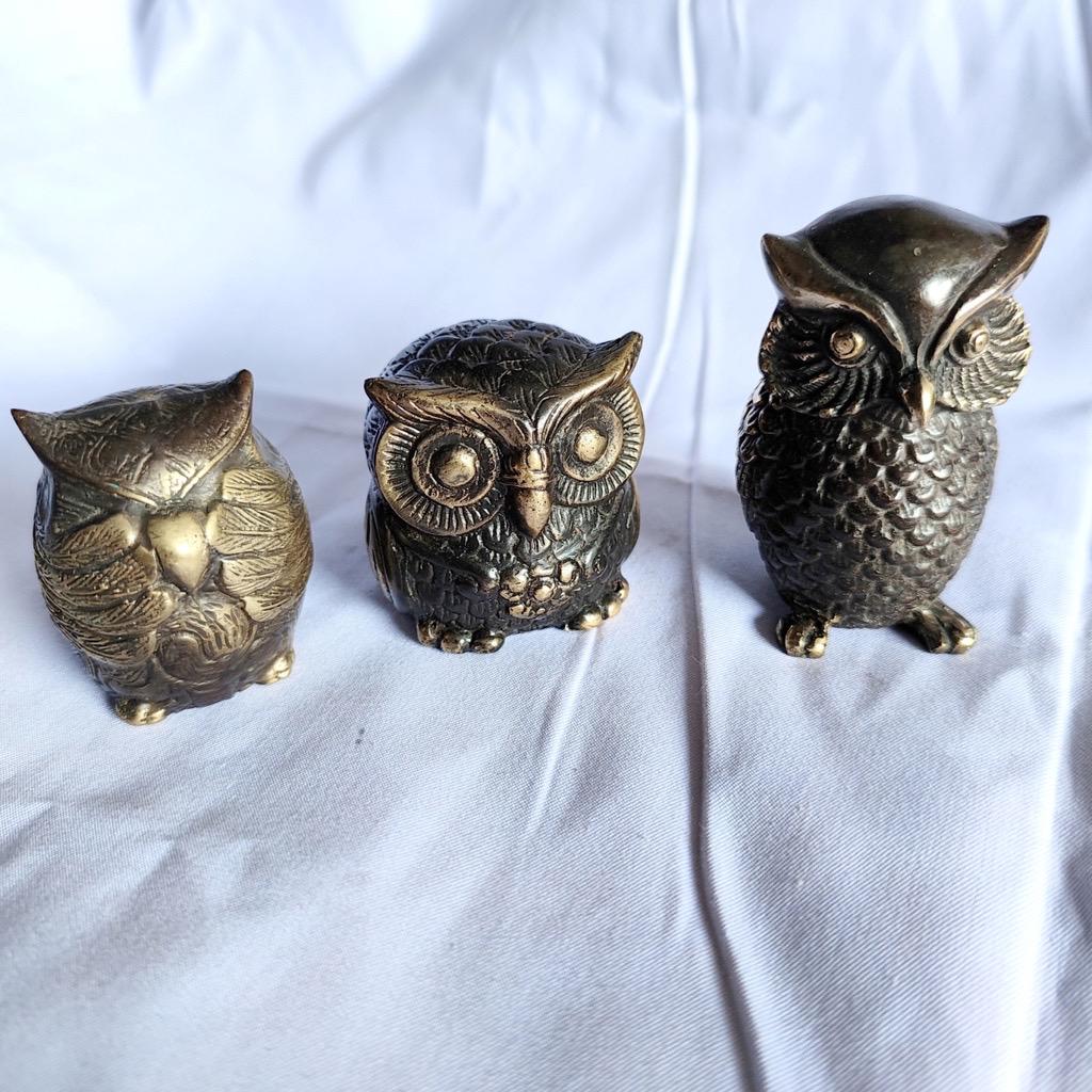 フクロウ真鍮製フィギュア 3 個セット | 3.1 インチ フクロウ真鍮製