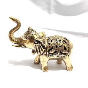 Gold Look Elephant Carving Brass figurine | 4.7&#39;&#39; Tall Elephant Brass animal miniature | office decor | gift ideas for her