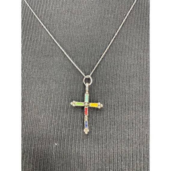 Hand Painted Multi Colored Silver Cross Pendant N… - image 3