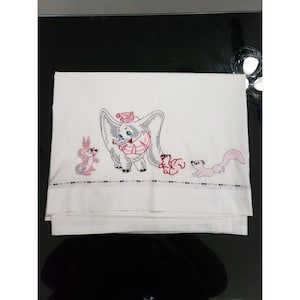 Vintage Dumbo & Friends Hand Embroidered Flat Sheet 44.5x50 White Cotton
