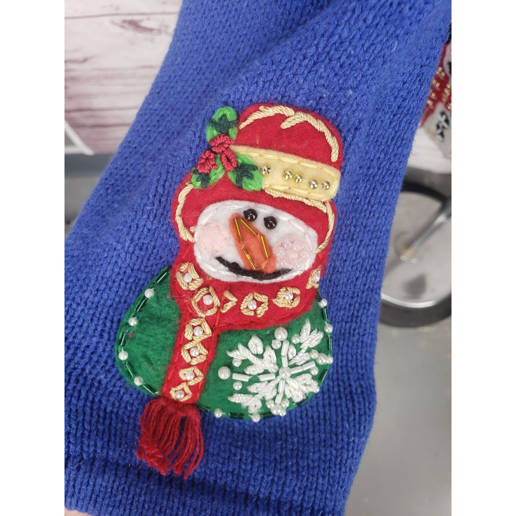 Pull De Noël Vintage Tiara Avec Zip - Taille PM (Petite Medium) Bleu Décoré Bonhommes De Neige - Occasion