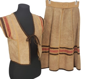 Vintage 70s Suede Boho Skirt Set PATCHWORK Hippie FALL COLORS Size 11/12