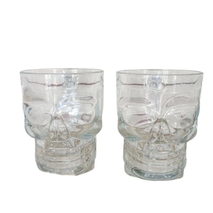 Set Of 2 Skull Glass Mugs Bone Handles Clear 3D Design Gothic 16Oz Drinkware