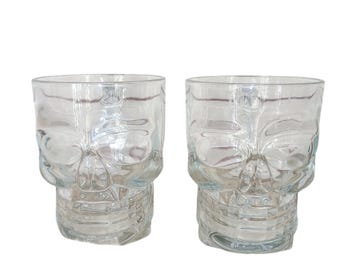 Set Of 2 Skull Glass Mugs Bone Handles Clear 3D Design Gothic 16Oz Drinkware