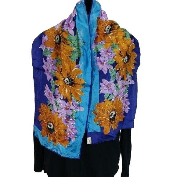【eL×ONE】Flower Large Scarf kcctoo 59” Long Silk Like Head Scarf Women's Fashion Square