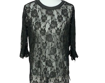 POL Black Sheer Floral see through Small Bell Sleeve Top Blouse