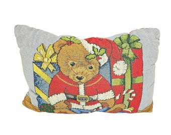 Vintage Christmas Presents Tapestry Country 17" Length Throw Pillow Teddy Bear