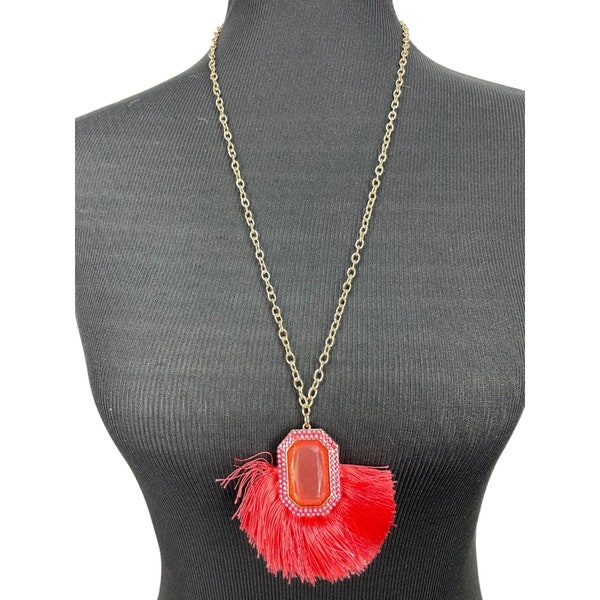 SUGARFIX by Baublebar Strawberry Ice Coral Goldtone Adjustable Chain Emerald Shape Stone Tassel Women's Fashion Pendant Necklace