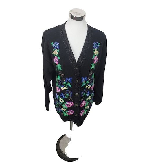 Joyce Black Floral Embroidered Acrylic Button Up … - image 1