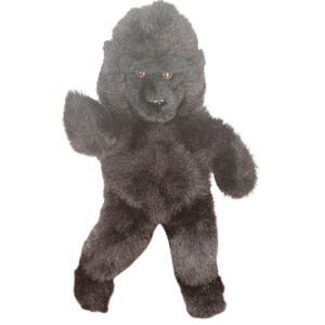 May include: A black plush toy poodle with brown eyes. The toy is standing upright with one arm raised and the other at its side. The poodle has a fluffy, textured appearance, and its features are detailed.