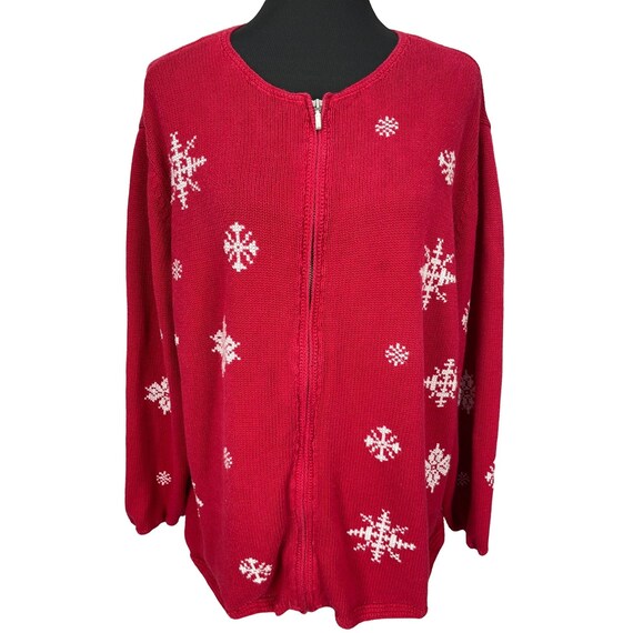 BACKWOODBUNNYFinds Vintage YKK Casual Corner Annex Women's Wool Red Ugly Christmas White Snowflake Zip Up Sweater Cardigan Size 3X