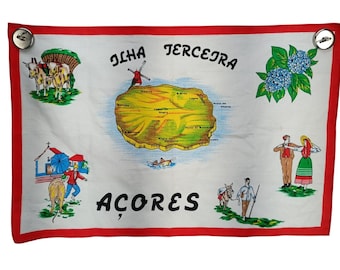 Färgglad Ilha Terceira Azorerna Souvenir Kökshandduk Bomull/Polyester Blend Made In Portugal Röd Border Vintage Design