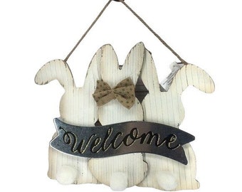 EASTER Bunny rabbit Wood & Metal Door Welcome Sign Decoration Boho