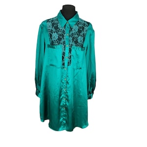 Val Mode Vintage Floral Lace Emerald Green Silky PJ Sleep Shirt Size Large
