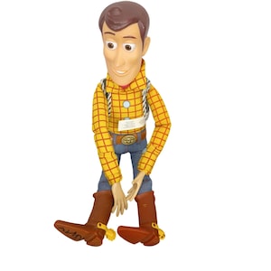 May include: A Woody action figure from the Toy Story franchise. The figure wears a yellow plaid shirt, blue jeans, and brown cowboy boots. The boots have spurs and the name "Andy" is written on the sole.