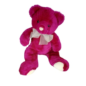Plush Fuchsia Teddy Bear With Sheer White Ribbon Bow 15 Inches