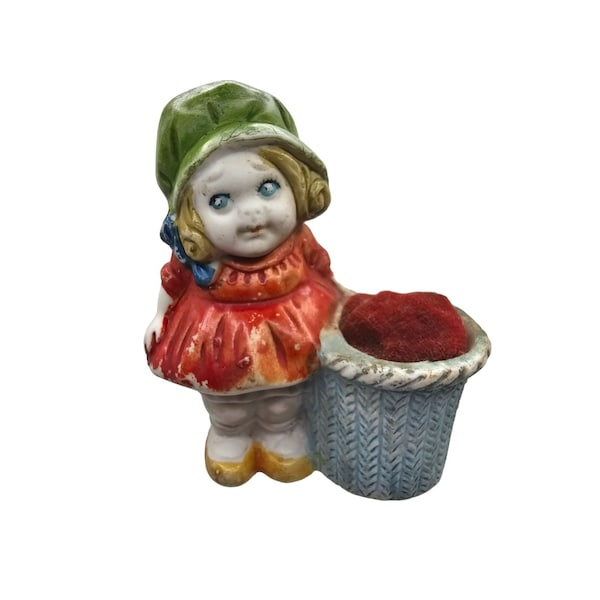 Vintage Girl With Basket Red Dress Green Hat Pin Cushion