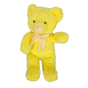Orsetto di peluche giallo di Russ Berrie con naso rosa e fiocco a quadri, morbido peluche da 25 cm.