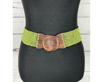 Stretchy, Low Hip Brown Wood Waist Belt w/ Wood Embellishment Beads and Closure Handmade Black Bronze Silver Gold Multi Color Glass Beads  main image 2