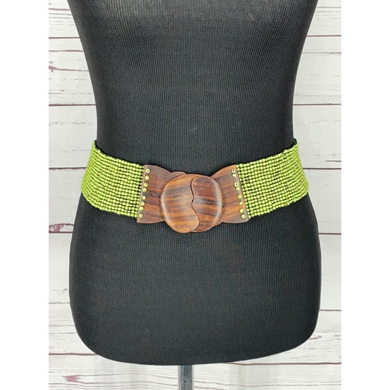 Vintage Lime Green Beaded Cinch Belt, Wooden Clasp, Boho  display picture 2