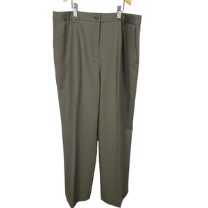 May include: A pair of olive green, straight-leg pants with a button closure and two front pockets.