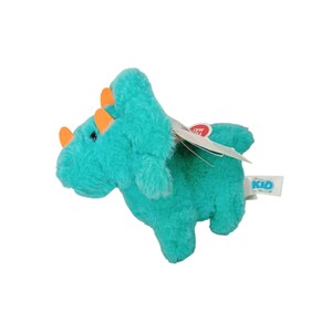 May include: A turquoise plush triceratops toy with orange horns and accents. The stuffed animal has a tag that reads "KID". The toy is made of soft, fuzzy material.