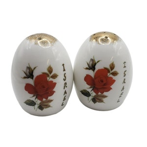 Vintage ISRAEL Signed Porcelain Hand Painted Rose Floral 14k Gold Salt Pepper Shaker Set