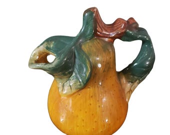 Vintage Ceramic Leaf Handle Pitcher In Autumn Colors Green & Yellow With Textured Surface